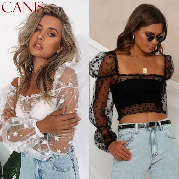 

fashion summer women sheer mesh blouse long puff sleeve square collar thin dot solid see-through crop shirt sweet sexy, White