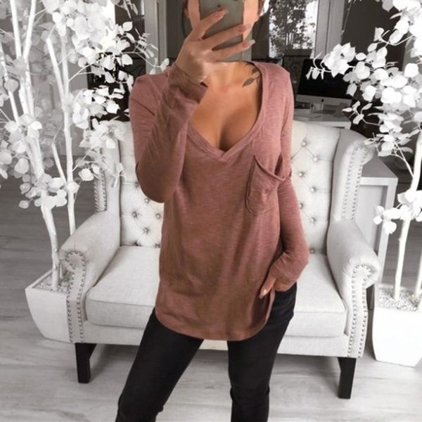 

women's t-shirt donsignet fashion spring v-neck hedging solid color pockets loose large size long sleeves women clothing, White