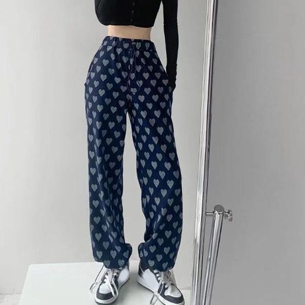

women's pants & capris women casual heart print fashion street style trousers for female summer loose harajuku high waist drawstring pa, Black;white