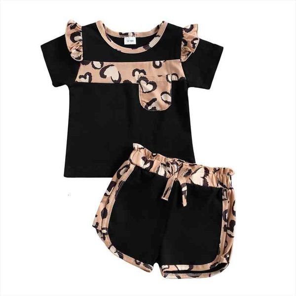 

kids baby girl leopard patchwork 2pcs set, short ruffled decoration sleeve front pocket with elastic pants 6m 4t, White