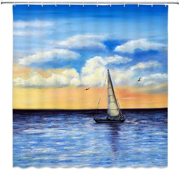 

curtains watercolor blue ocean boat seagull bird bathroom curtain nautical art fabric with hook shower