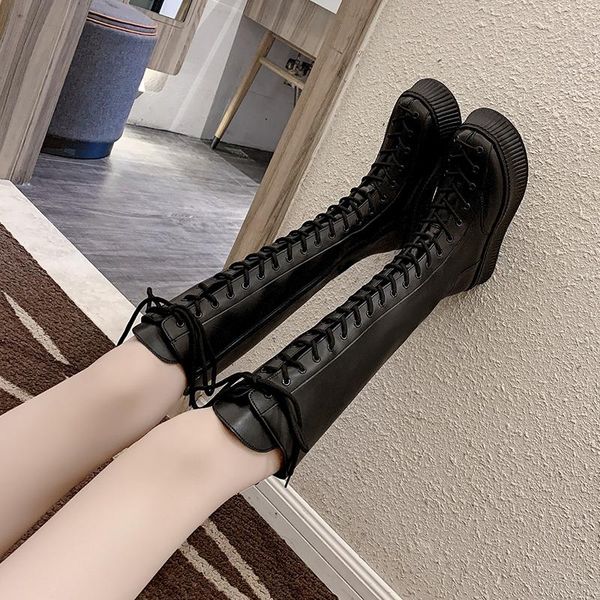 

boots 2021 women thick platform knee-high autumn boot solid lace-up shoe fashion punk riding mid-calf round toe shoes, Black