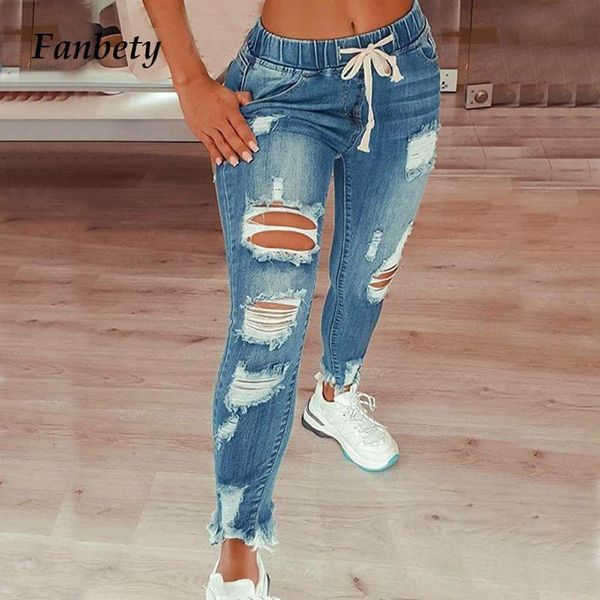 

women skinny slim elasticity pencil pants 2021 spring fashion bleached ripped jean lady elegant high drawstring trouser women's jeans, Blue