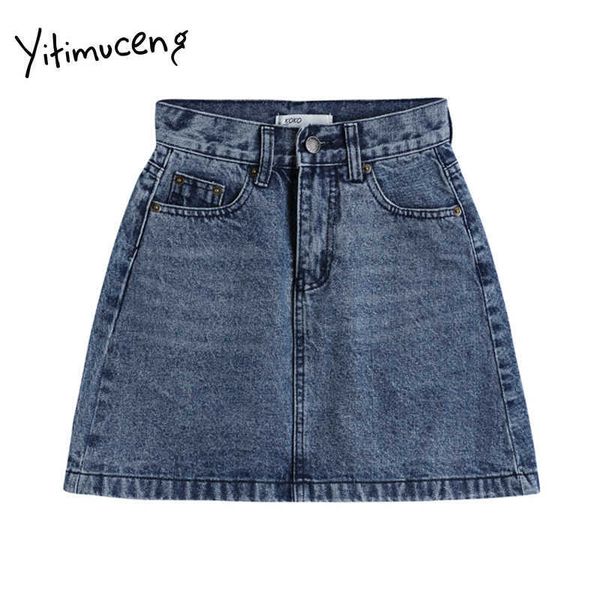 

yitimuceng denim skirts womens high waist pocket above knee mini skirt summer lined a-line solid fashion clothing girls 210601, Black