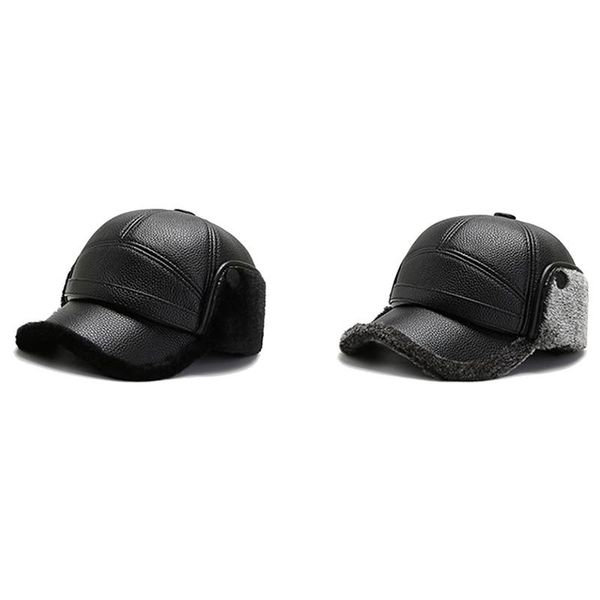 

berets keep warm winter hats fashion men pu leather baseball cap outdoor soft plush visors hat ear protection skiing gorras, Blue;gray