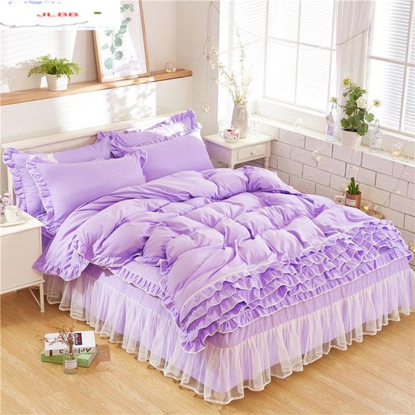 

pink purple lace bedding set twin full  king girls children double single bed skirt princess duvet cover sets bedclothes