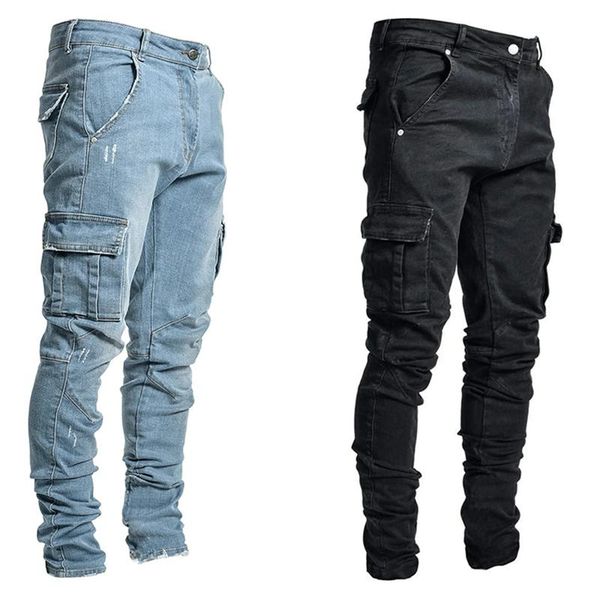 

men's jeans men pants casual cotton denim trousers multi pocket cargo fashion pencil side pockets, Blue