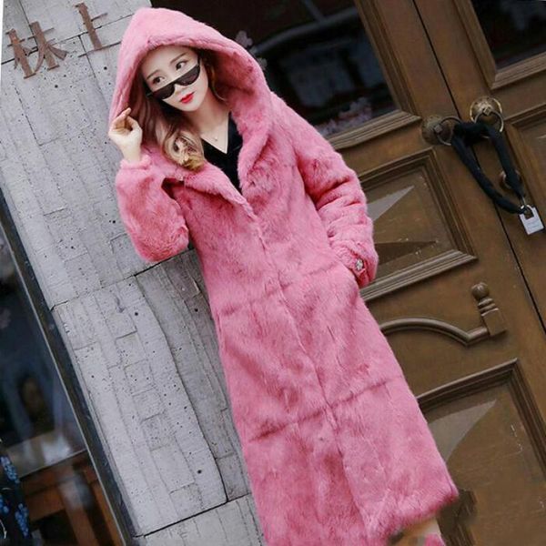 

women's fur & faux 2021 coat female long hooded sleeve slim, Black