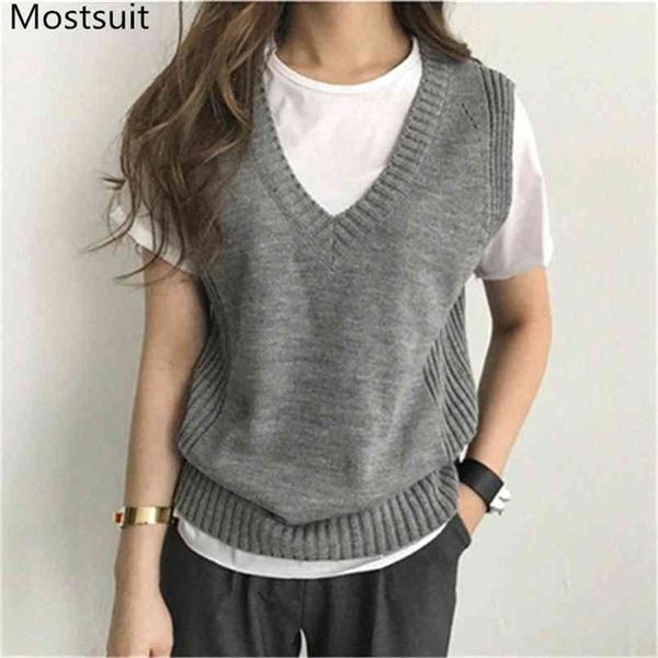 

chic v-neck knitted women sweater vest solid sleeveless casual fashion pullover basic simple female jumpers 210513, Black;white