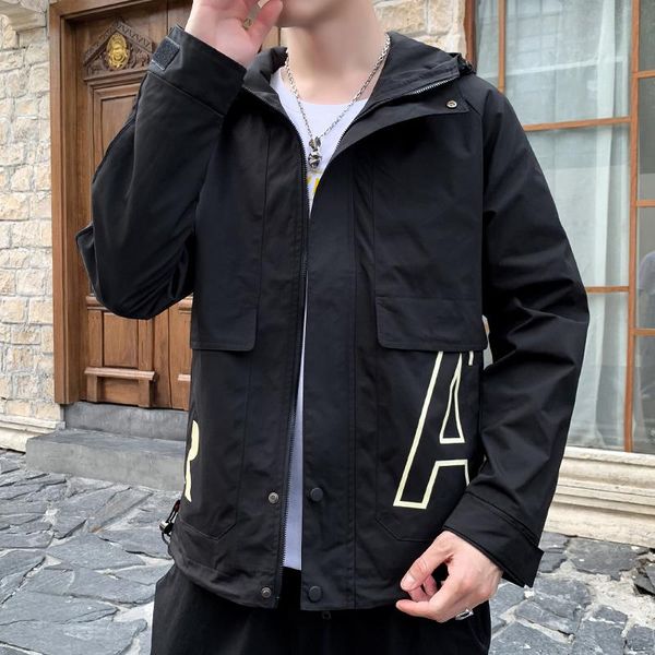 

spring autumn casual men jacket solid outwear hooded coats zipper closure clothing letter printing style 1978 men's jackets, Black;brown