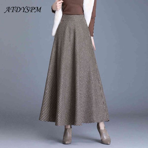 

vintage plaid woolen skirts women winter high waist warm a-line pleated skirt fashion office elegant maxi skirt femme saia longa 211120, Black