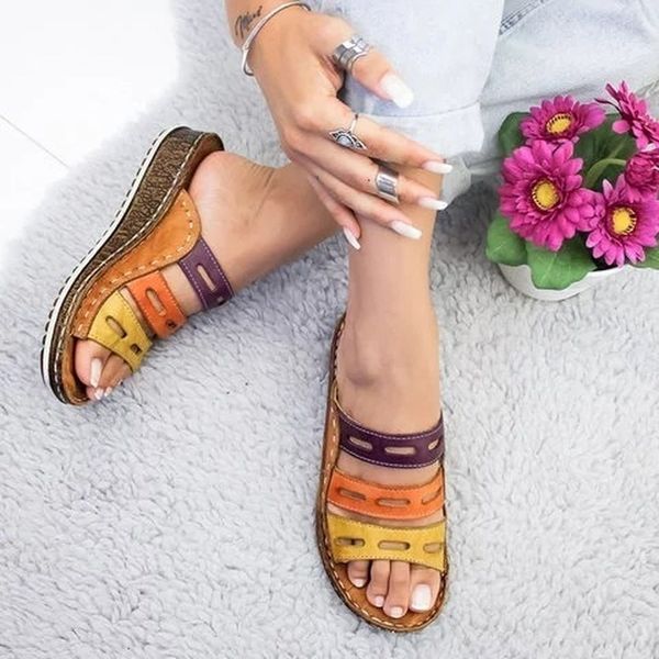 

new women summer stitching sandals casual slip on open toe sandals rome retro leather platform wedge slides beach shoes ladies1, Black
