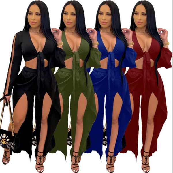 

women's two piece pants simple pure color deep v neck long sleeve bro and casual lady fashion tracksuits high street outfits, White
