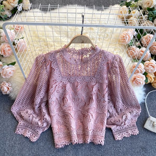 

women hollow out lace blouse summer vintage puff sleeve sweet pink/blue/beige short female casual blusas 2021 new fashion, Black;gray
