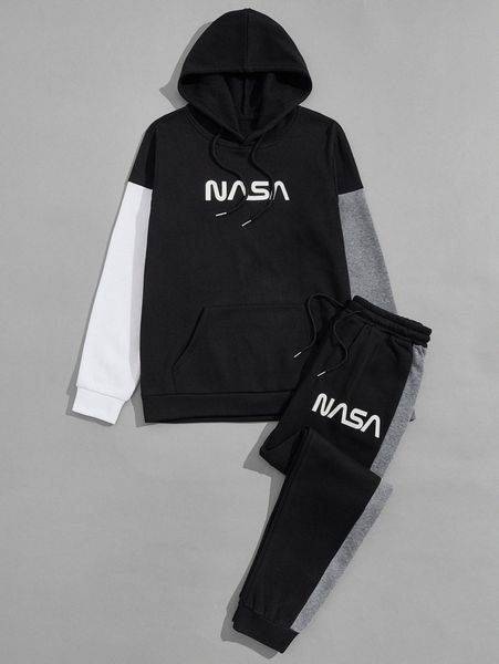 

men letter graphic color block drawstring hoodie & sweatpants r7et#, Gray