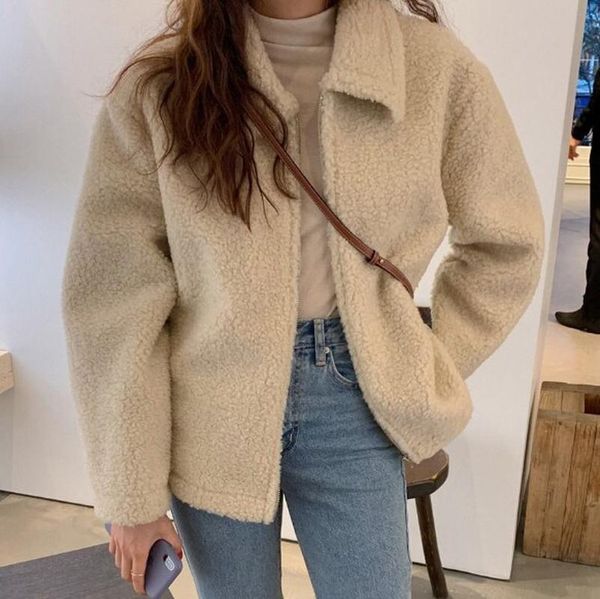 

women's jackets women lambswool jacket spring autumn casual turn down collar zipper short coat female vintage korean outwear parkas, Black;brown