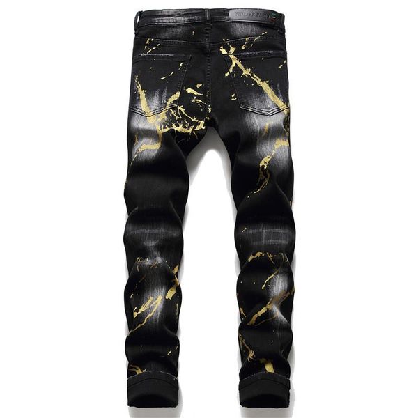 

men's jeans 2021fall winter tattered slim pp wash ripped black paint splash tight stretch fashion male trousers, Blue