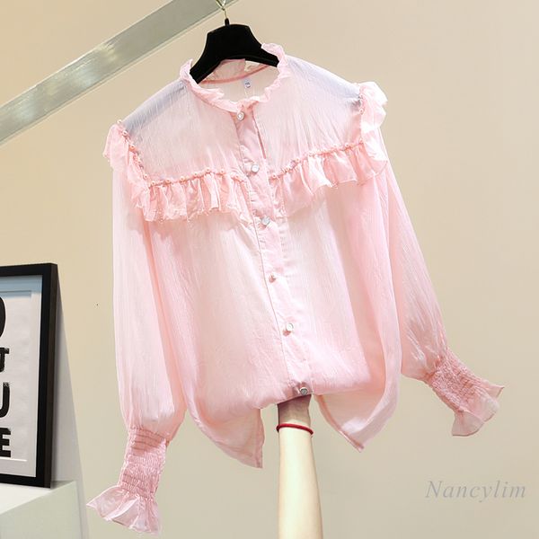 

blouses sequin bead ruffled solid color shirt woman spring korean style loose temperament bright silk stripes chiffon blouse blusas, White