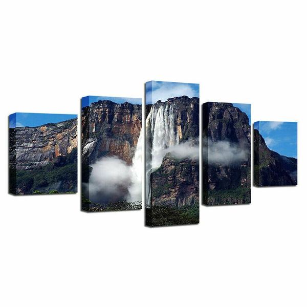 

paintings angel waterfall venezuela 5 panel canvas picture print wall art painting decor for living room poster no framed