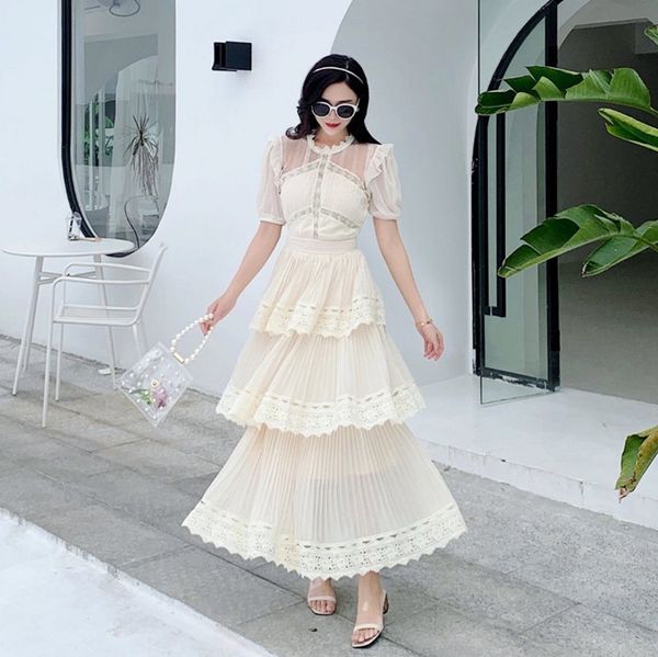 

summer women lace embroidery long a-line cake dresses female short sleeve threelayers ruffles patchwork runway layered dres 210514, Black;gray