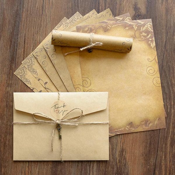 

greeting cards set of 12pcs vintage old fashion envelope letter paper party wedding invitation kraft with string and retro pendant