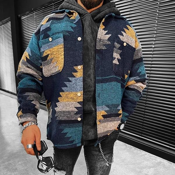 

men's jackets 2022 men vintage loose turn-down collar coats fashion printed buttoned casual pattern outerwear fall mens streetwear, Black;brown