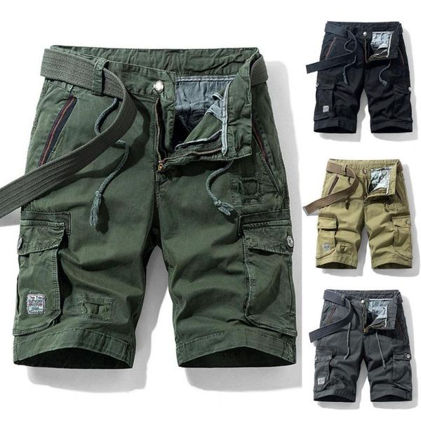 

men's shorts summer men cargo solid color knee length male sweat all match mid waist multi pockets loose casual, White;black