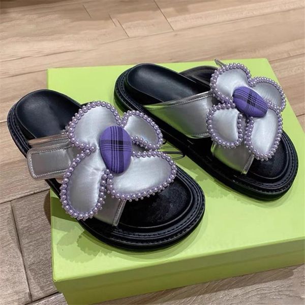 

slippers cute flower decor women summer beach slides thick sole flat shoes woman slipper casual sandals flats outside, Black