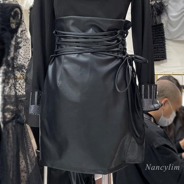 

skirts temperament black leather skirt for women high street lace up waist pu lady all-match