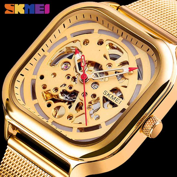 

skmei fashion mechanical watches men automatic quartz waterproof hollow art strainless steel band montre homme 9184 clock, Slivery;brown