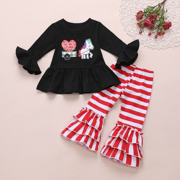 

cute toddler baby girl kid valentines day clothes sets cartoon print flare sleeve + striped pants outfit, White