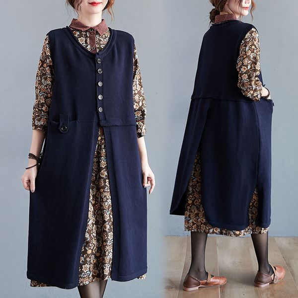 

jacket women's knitted shirt vest autumn and winter wide slit middle of length dressed casual outer tights y520 xmh3, Black;brown