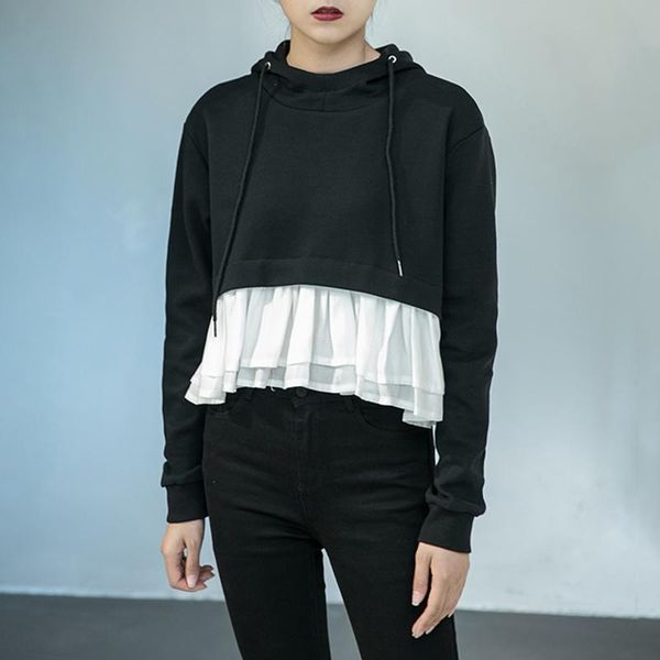 

women's hoodies & sweatshirts seebeautiful pleated stitching loose sweatshirt hooded long sleeve contrast color ribbon fashion autumn 2, Black