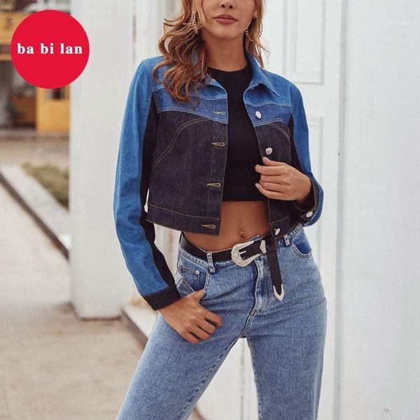 

women's jackets 2021ba bi lan jeans jacket ladies short color block denim retro casual loose street cool bomber jacke, Black;brown
