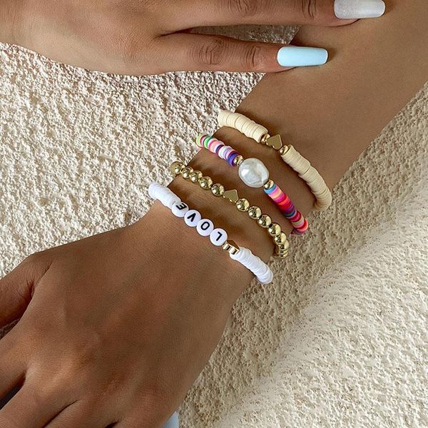 

charm bracelets vintage multilayer acrylic letters heart pearl for women polymer clay slices geometric bracelet jewelry pulseras gift, Golden;silver