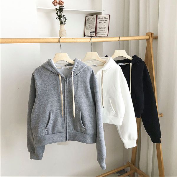 

women's hoodies & sweatshirts spring korean casual short jacket women hooded zipper thick loose sweater ge2u, Black