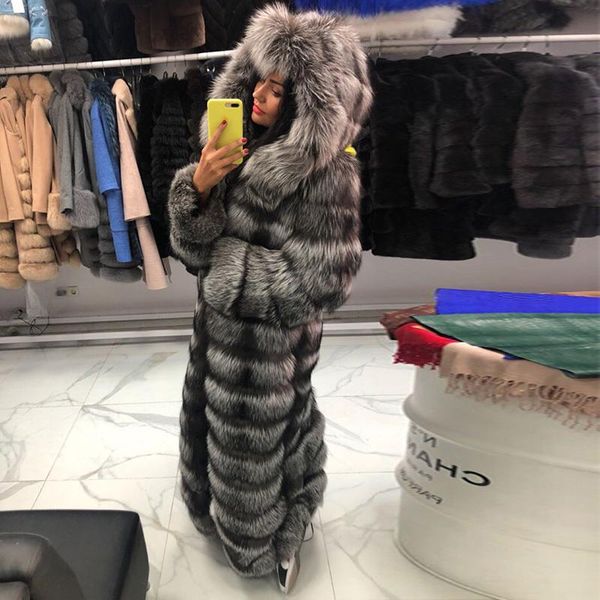 

women's fur & faux fursarcar 2021 luxury real coats women genuine natural silver hood winter full pelt 130cm x-long jackets, Black