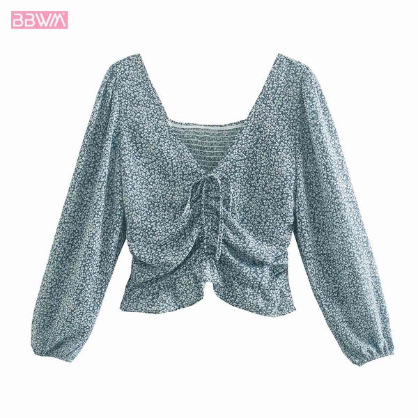

chic drawstring pleated v-neck long sleeves women t-shirt vintage slim short puff sleeves female 210507, White