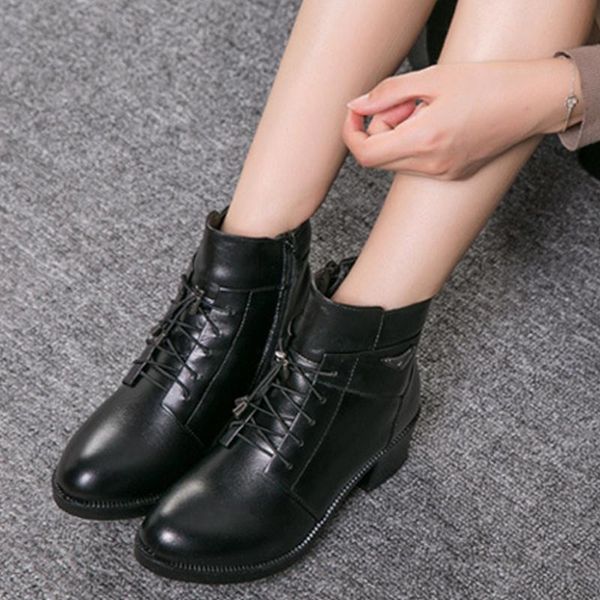 

boots ankle genuine leather mother lace-up full grain for women autumn winter natural med heels woman shoes ladies warm, Black