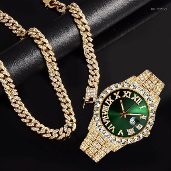 

wristwatches quartz luxury gold sliver watch for men full iced out bling miami cuban chain rhinestone bracelet necklace jewelry set, Slivery;brown