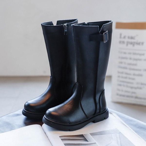 

autumn shoes girl winter waterproof leather boots kids for girls princess long tube children 10 to 12 years heels, Black;grey