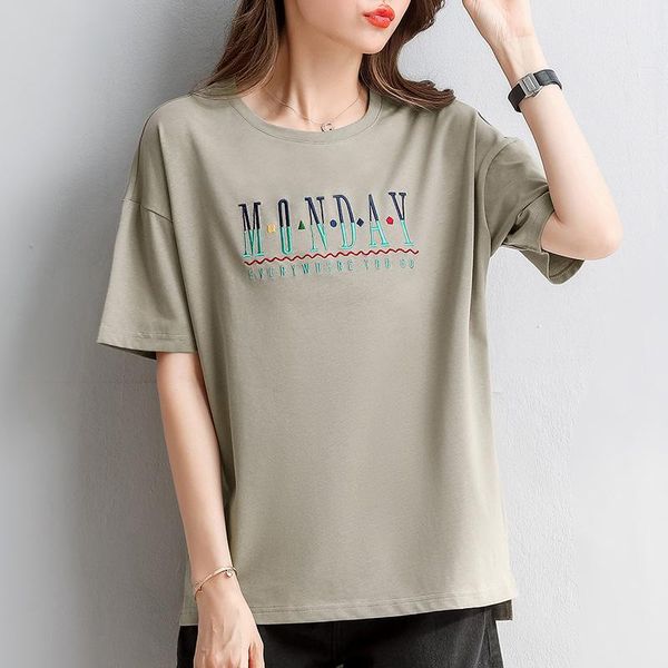 

women's t-shirt 2021 summer short sleeve women cotton korean fashion print pullover ladies casual letter half embroidered, White