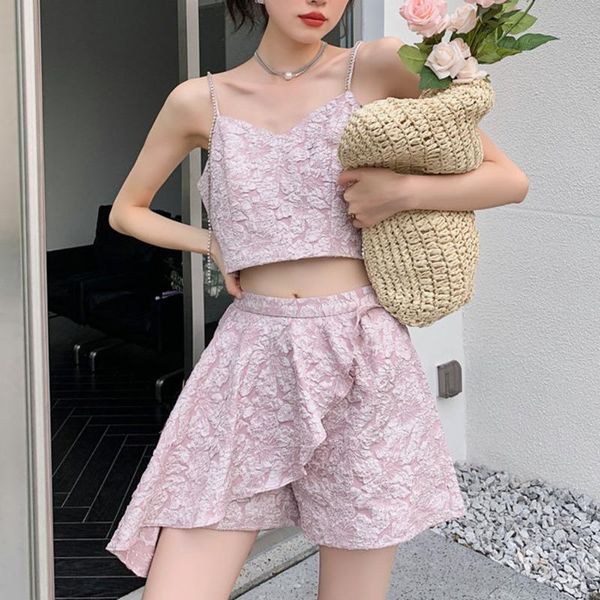

women's tracksuits summer sweet fashion two piece set women three dimensional printing suspender + ruffle shorts suits pink vetement fe, Gray