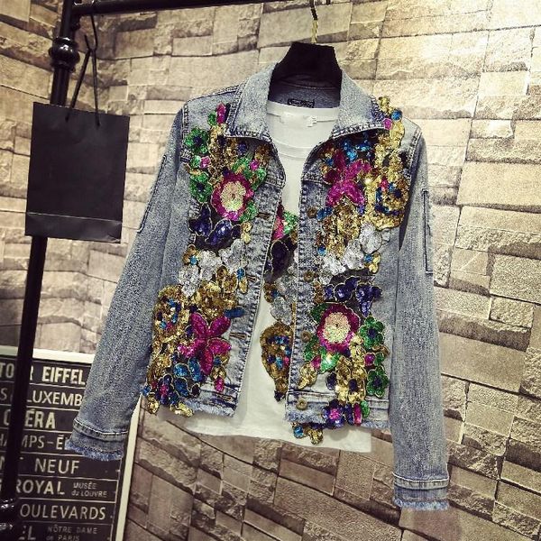 

women's jackets spring women embroidery rose floral denim short beading pearl sequin patch epaulet ripped hole bomber jeans jacket, Black;brown