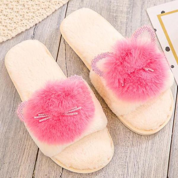 

slippers cartoon women plush warm slip on lady home slipppers cactus bear head sole female cotton flat y703, Black