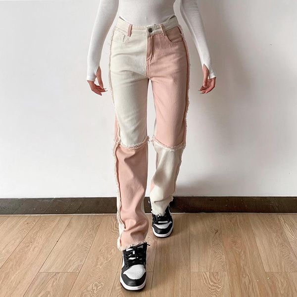 

women's jeans color block patchwork rough trim high waist slim fit wild casual sweet young style denim pants trousers streetwear, Blue