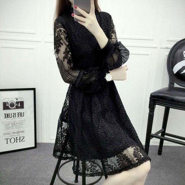 

lace lantern sleeve lace autumn long sleeve slim fit, White;black