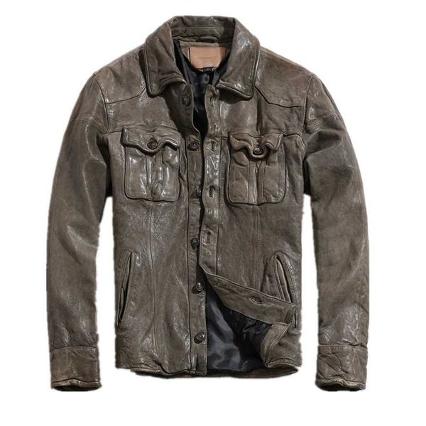 

men's leather & faux 2021 light brown casual style genuine shirt single breasted real natural sheepskin autumn slim fit vintage coat, Black