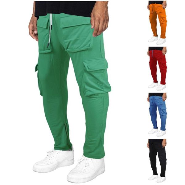 

men's pants 2021 spring summer functional wind tooling multi-pocket trousers double zipper casual straight-leg trousers#8, Black