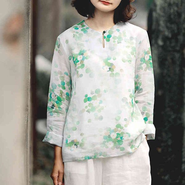 

johnature women vintage ramie t-shirts print floral o-neck long sleeve spring chinese style button tshirts 210521, White